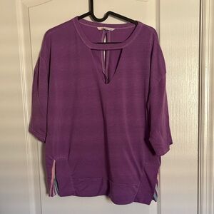 C&C California Purple V-Neck Drop Shoulder Keyhole and Stripe Detail Top/Blouse